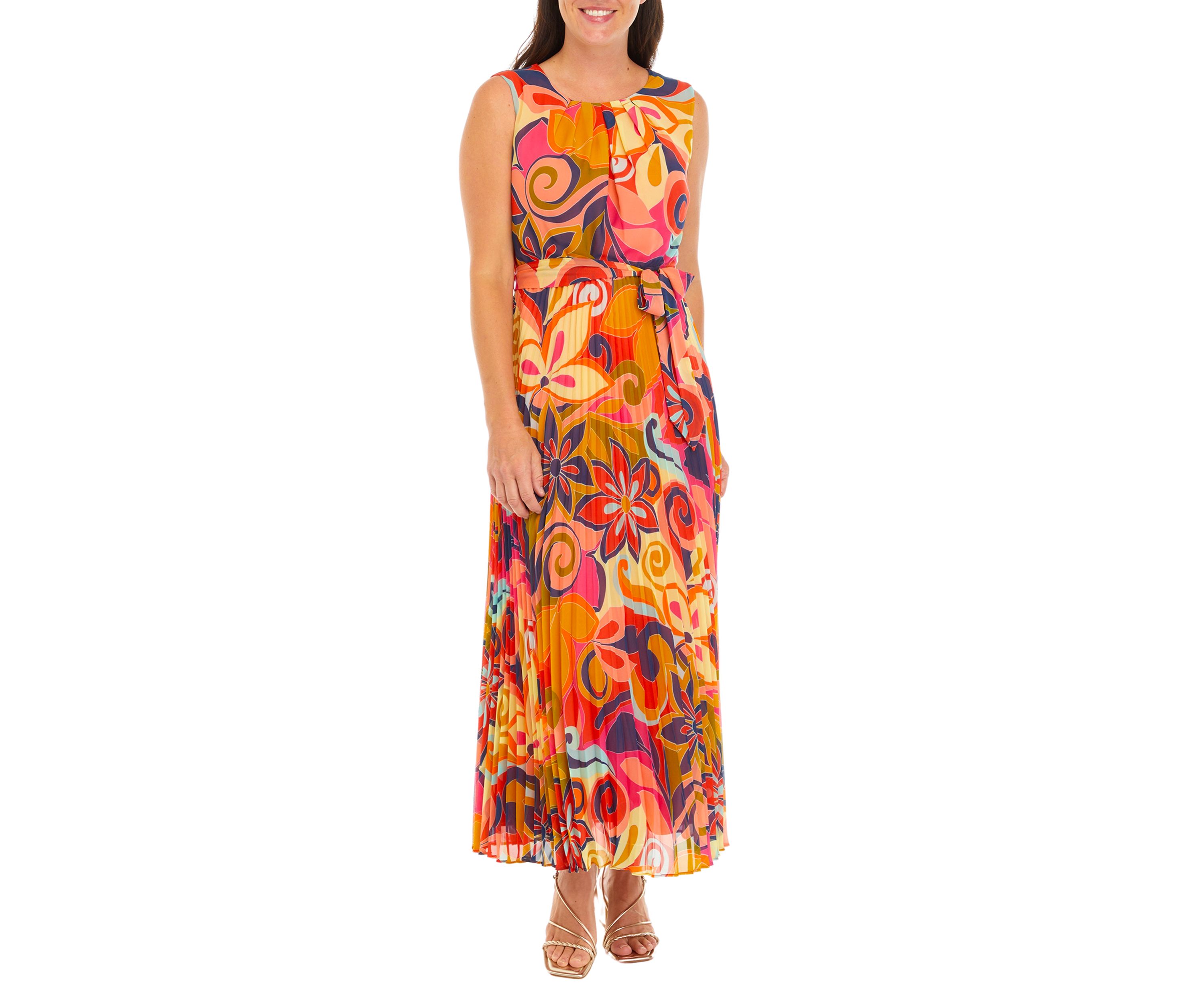 Womens Printed Tie Waist Fit and Flare Midi Dress
