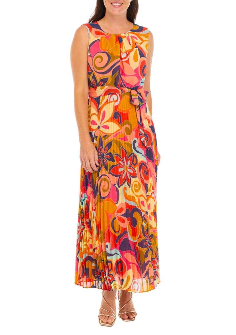 Womens Printed Tie Waist Fit and Flare Midi Dress