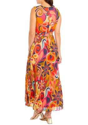 Women's Printed Tie Waist Fit and Flare Midi Dress
