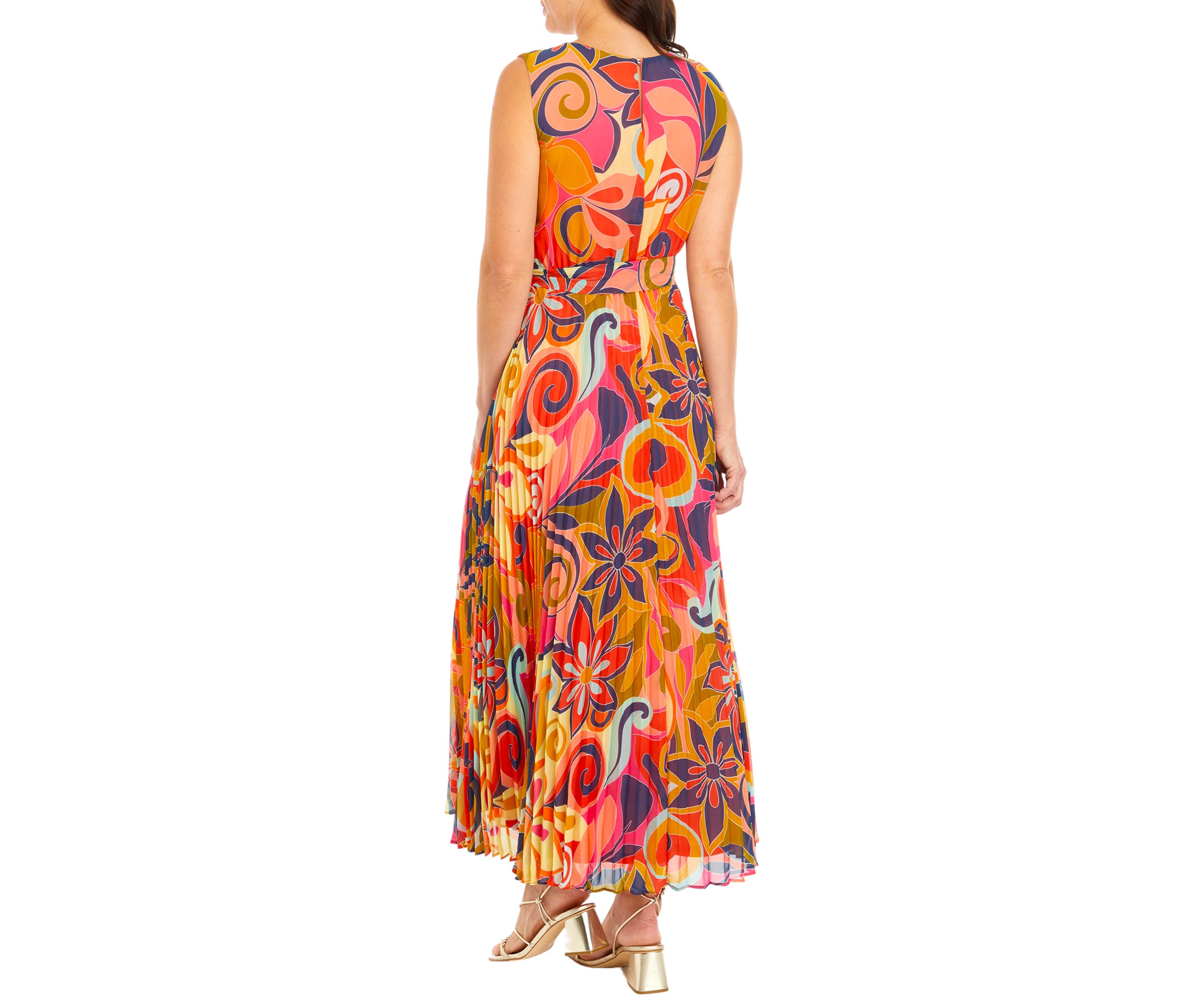 Womens Printed Tie Waist Fit and Flare Midi Dress