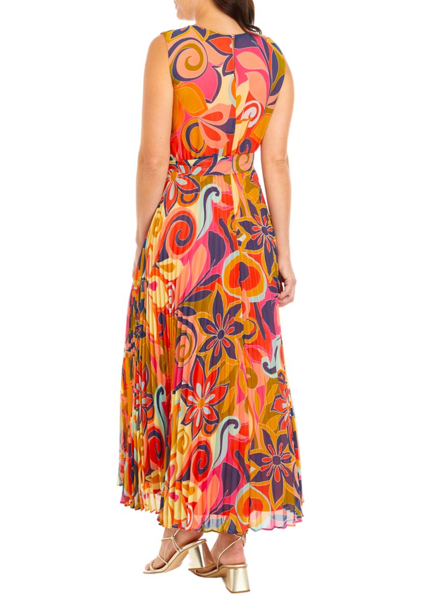 Womens Printed Tie Waist Fit and Flare Midi Dress