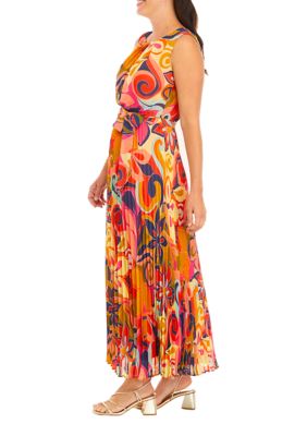 Women's Printed Tie Waist Fit and Flare Midi Dress