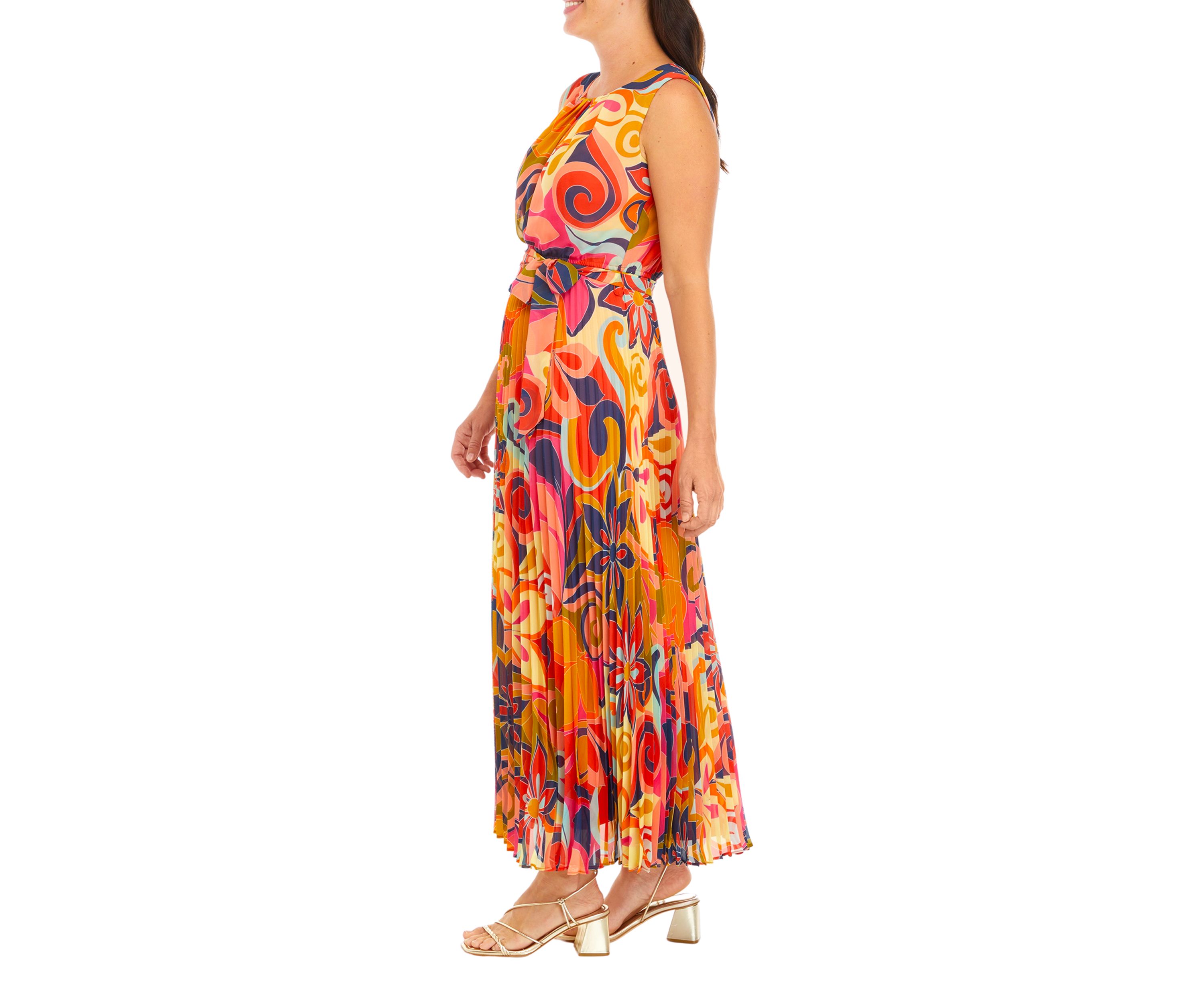 Womens Printed Tie Waist Fit and Flare Midi Dress