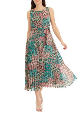 Women's Pleated Sleeveless Printed Chiffon Midi Dress