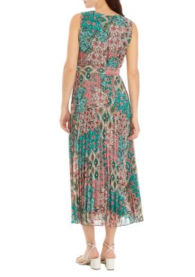 Women's Pleated Sleeveless Printed Chiffon Midi Dress