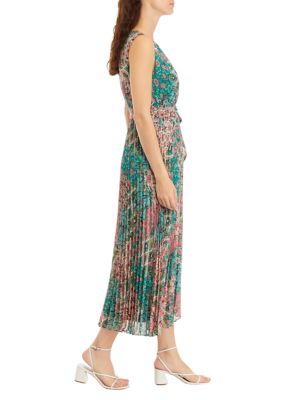 Women's Pleated Sleeveless Printed Chiffon Midi Dress