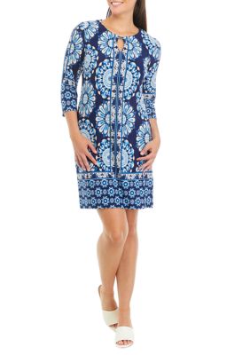 Women's 3/4 Sleeve Keyhole Neck Printed A-Line Dress