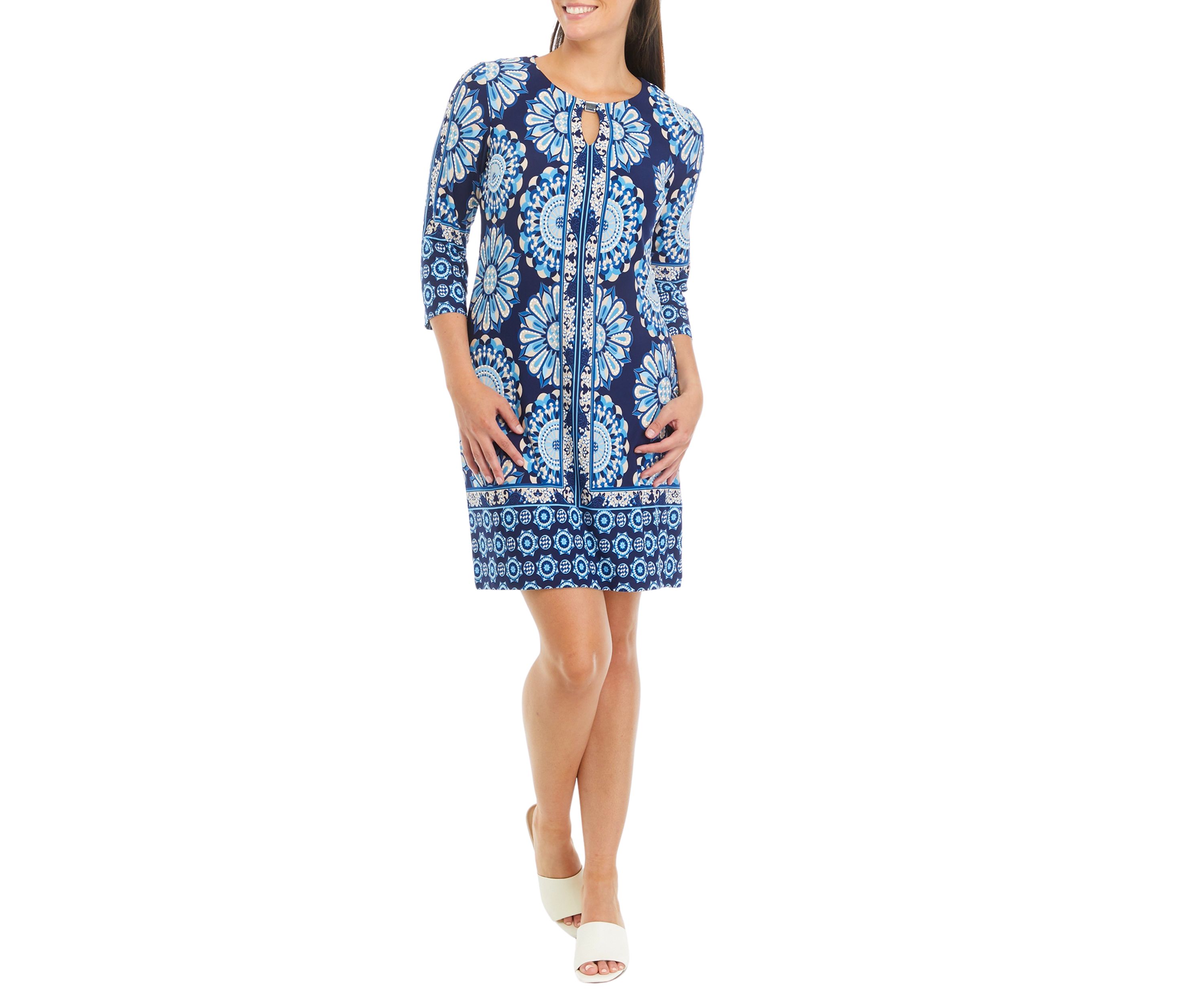 Womens 3/4 Sleeve Keyhole Neck Printed A-Line Dress