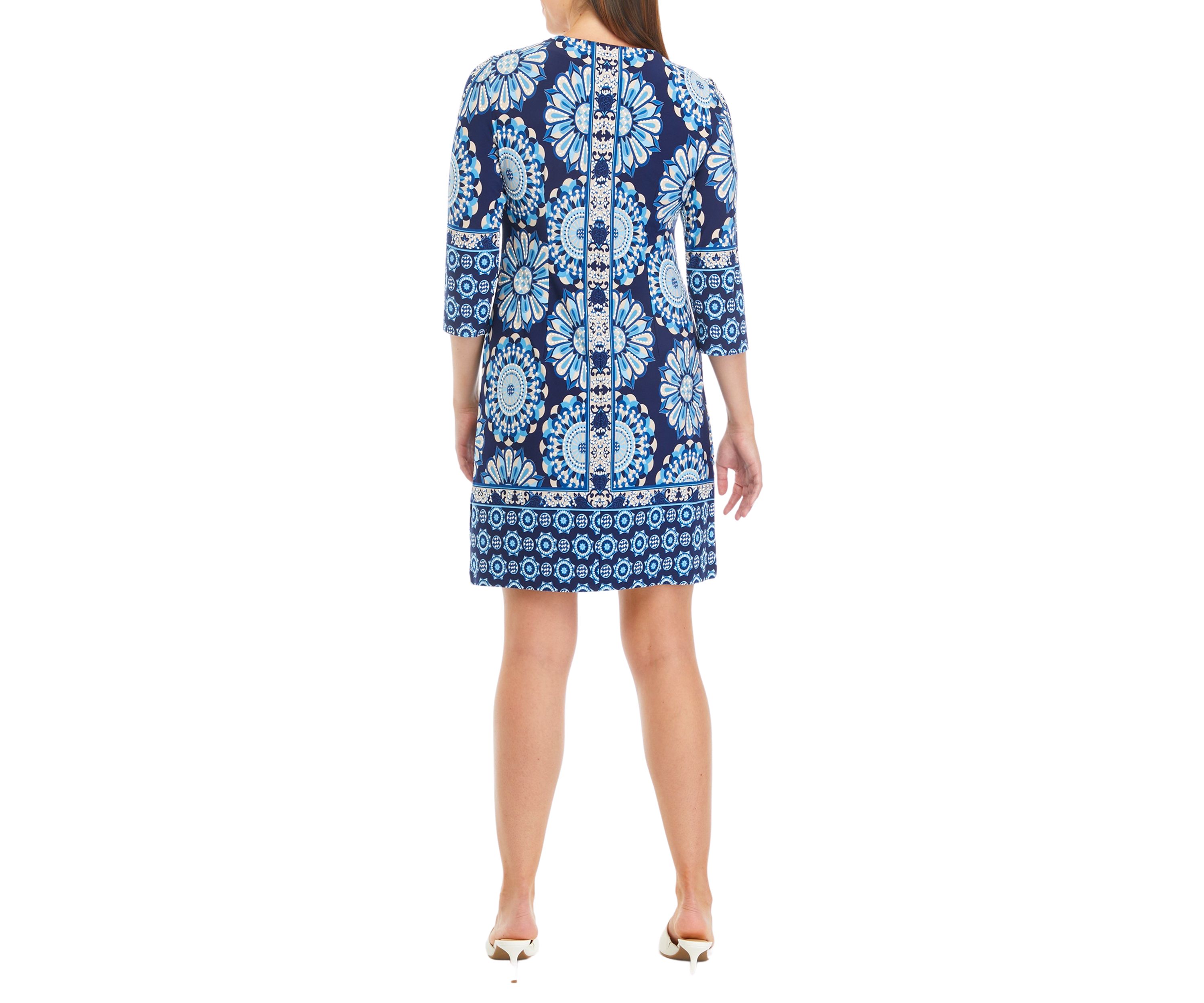 Womens 3/4 Sleeve Keyhole Neck Printed A-Line Dress