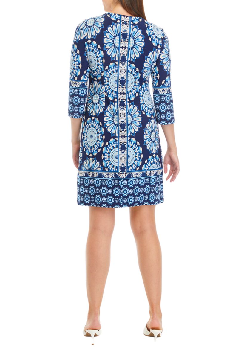 Womens 3/4 Sleeve Keyhole Neck Printed A-Line Dress