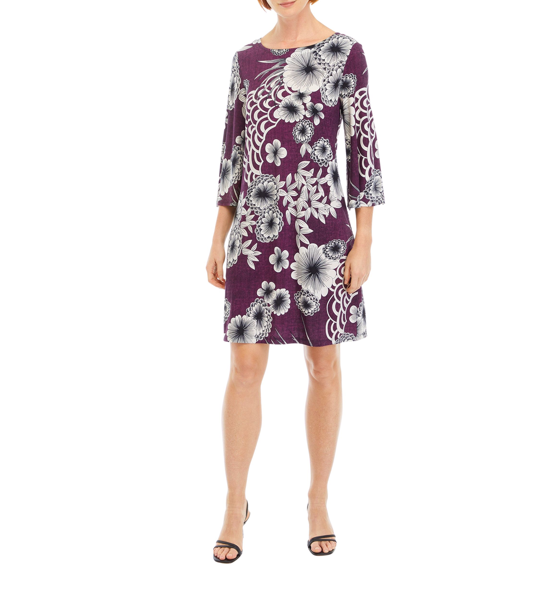 Womens 3/4 Sleeve Floral A-Line Dress