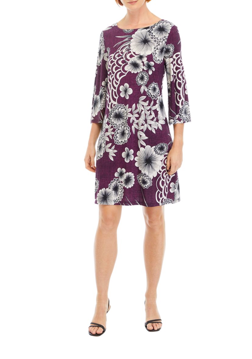 Womens 3/4 Sleeve Floral A-Line Dress