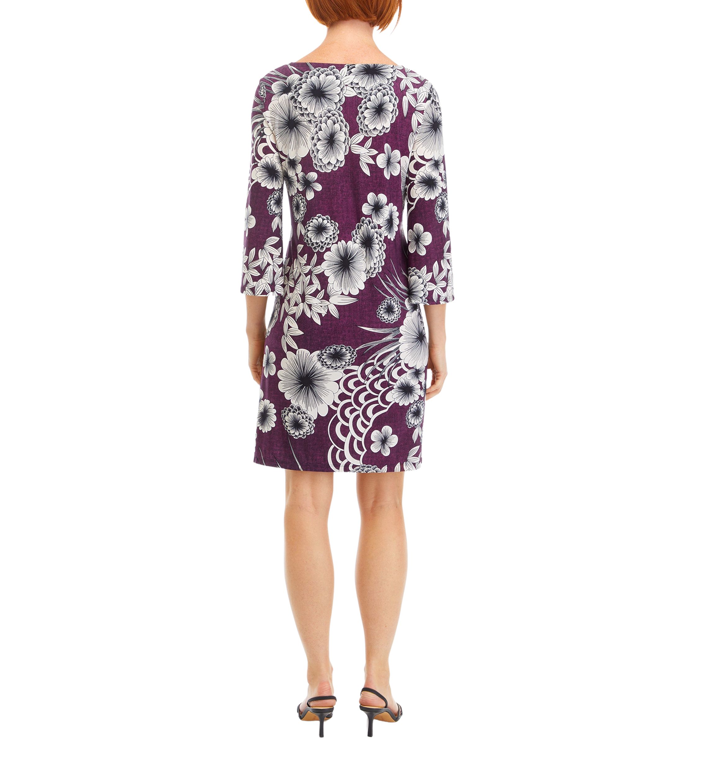 Womens 3/4 Sleeve Floral A-Line Dress