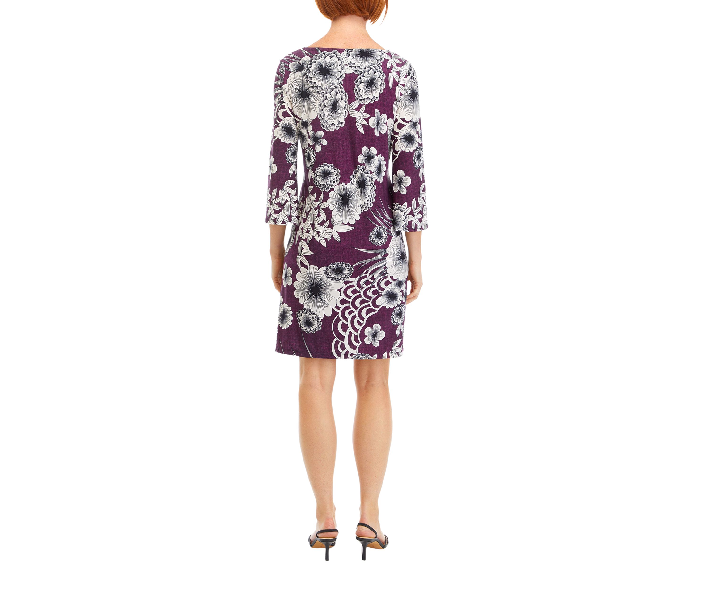 Womens 3/4 Sleeve Floral A-Line Dress
