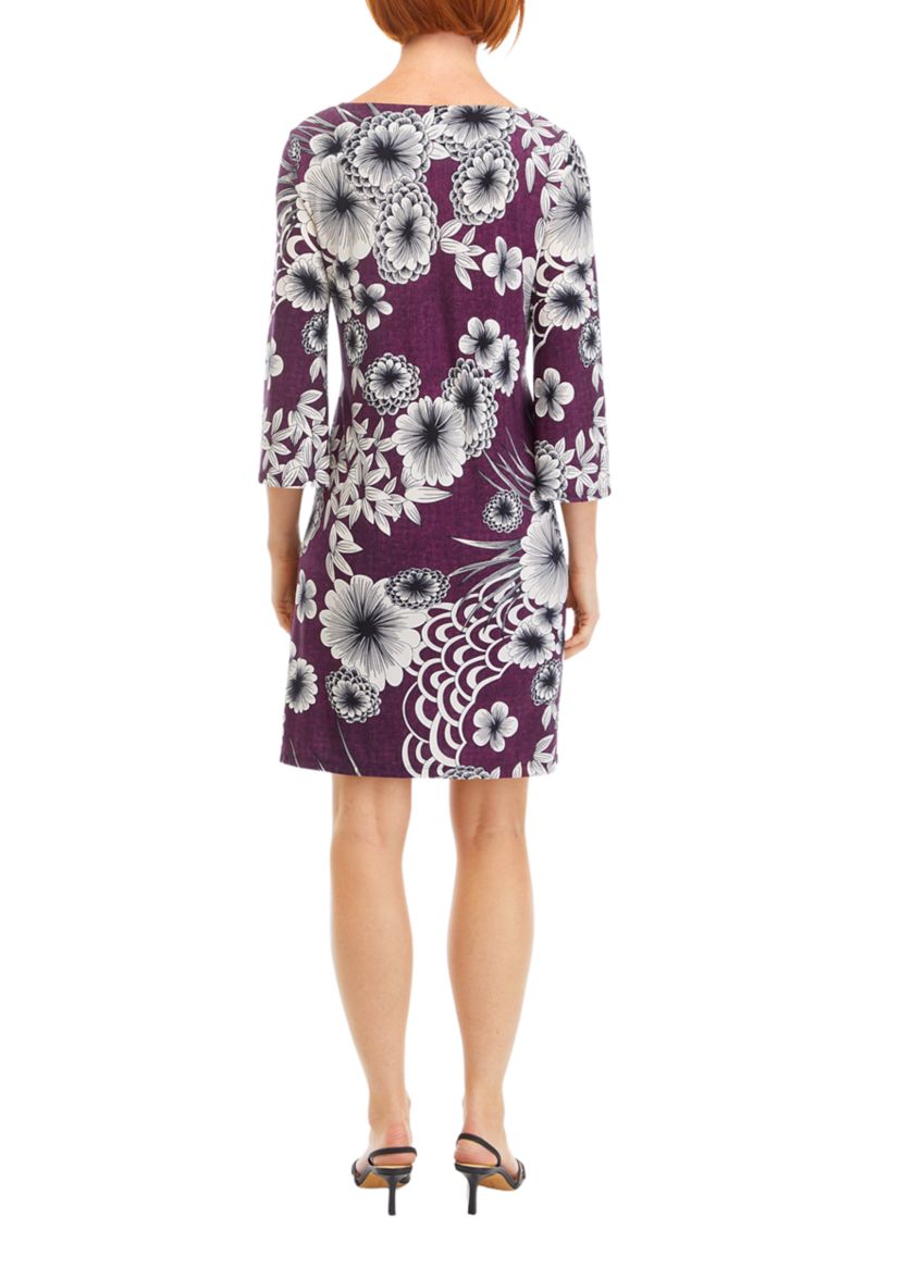 Womens 3/4 Sleeve Floral A-Line Dress