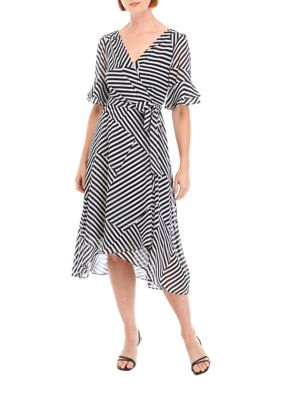 Women's Bell Sleeve Printed Tie Waist Fit and Flare Dress