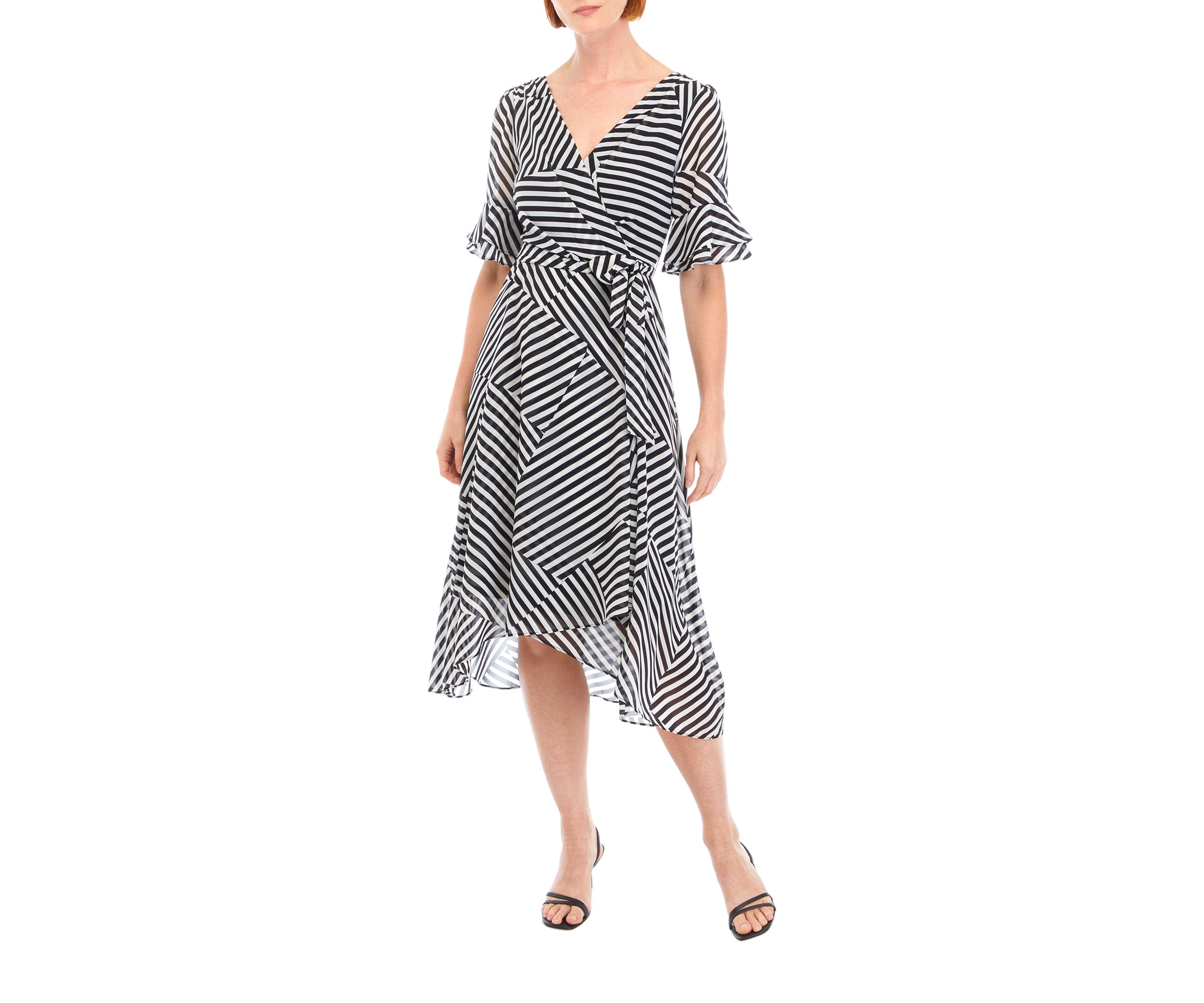 Womens Bell Sleeve Printed Tie Waist Fit and Flare Dress