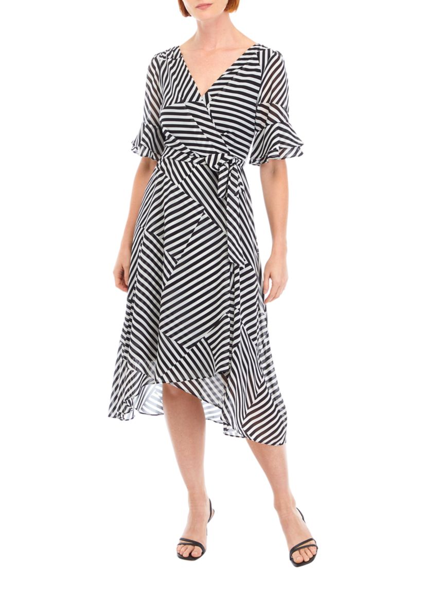 Womens Bell Sleeve Printed Tie Waist Fit and Flare Dress