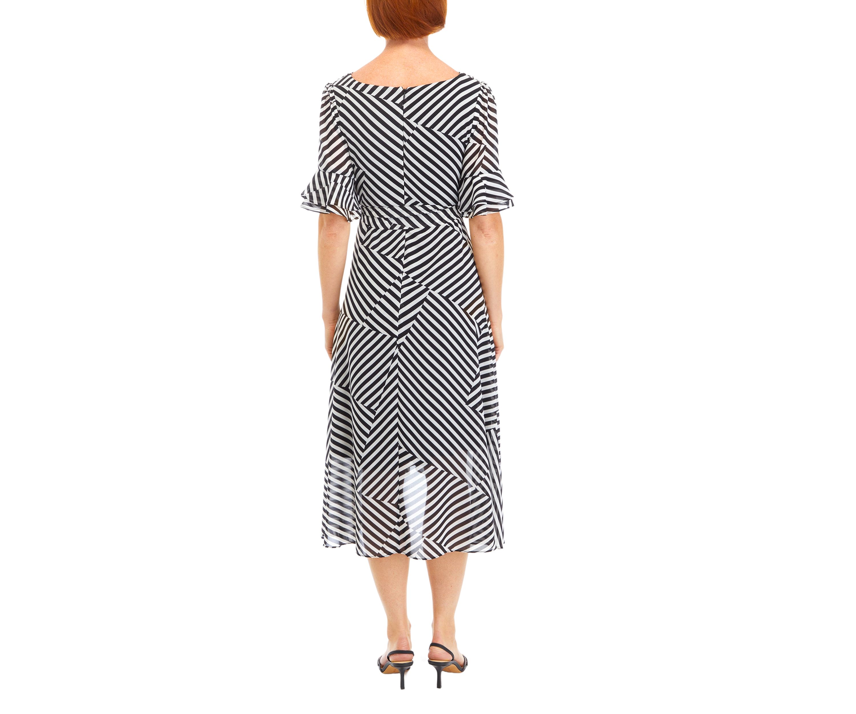 Womens Bell Sleeve Printed Tie Waist Fit and Flare Dress