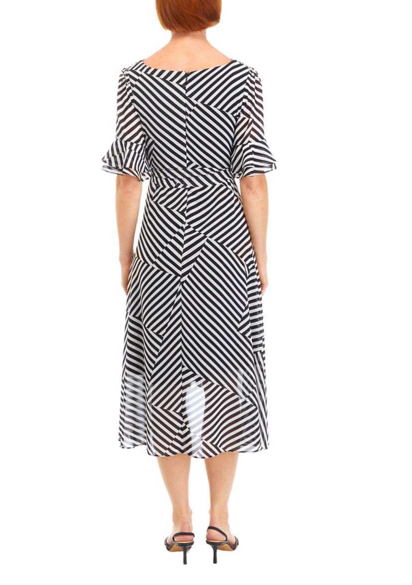 Womens Bell Sleeve Printed Tie Waist Fit and Flare Dress