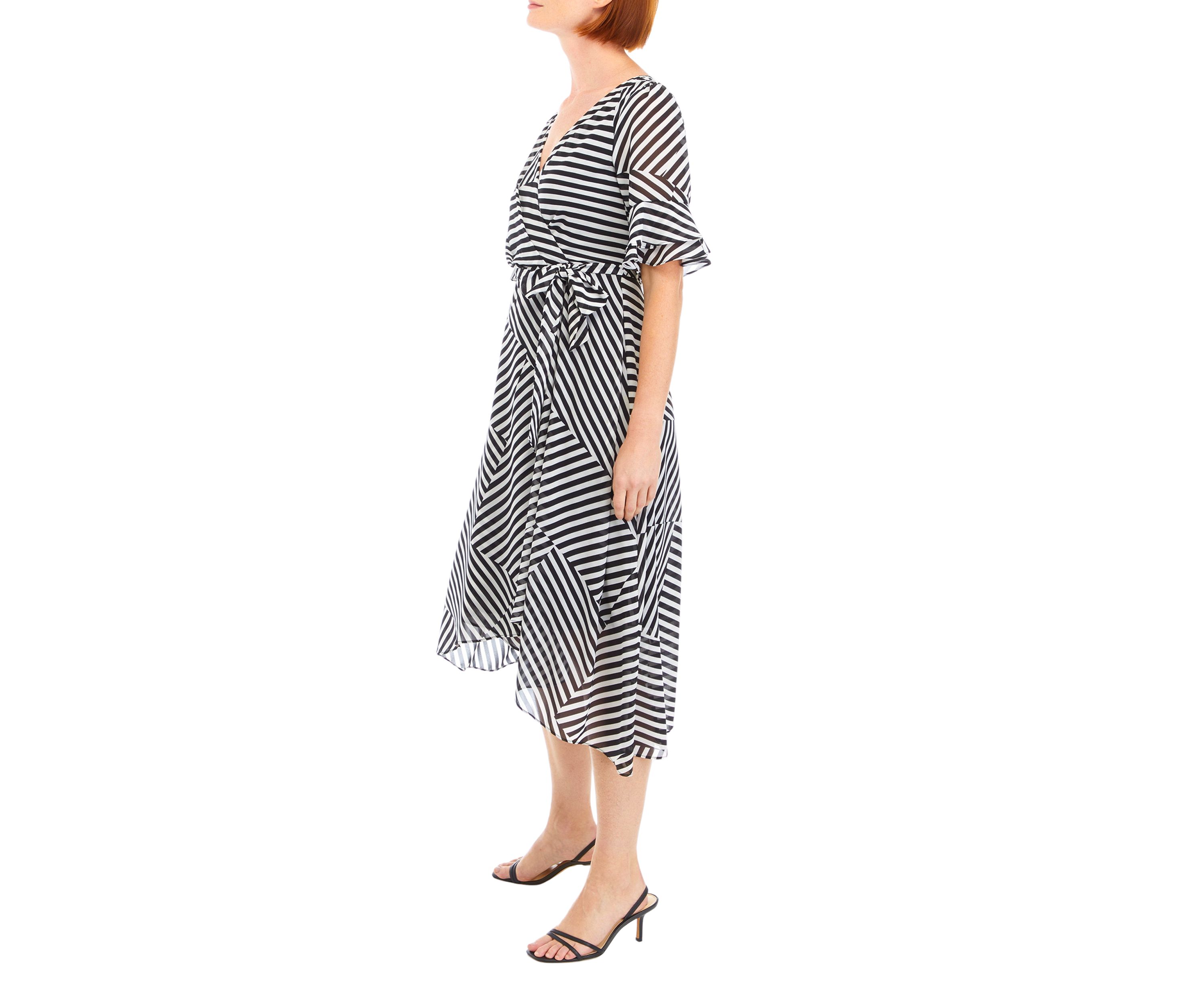 Womens Bell Sleeve Printed Tie Waist Fit and Flare Dress