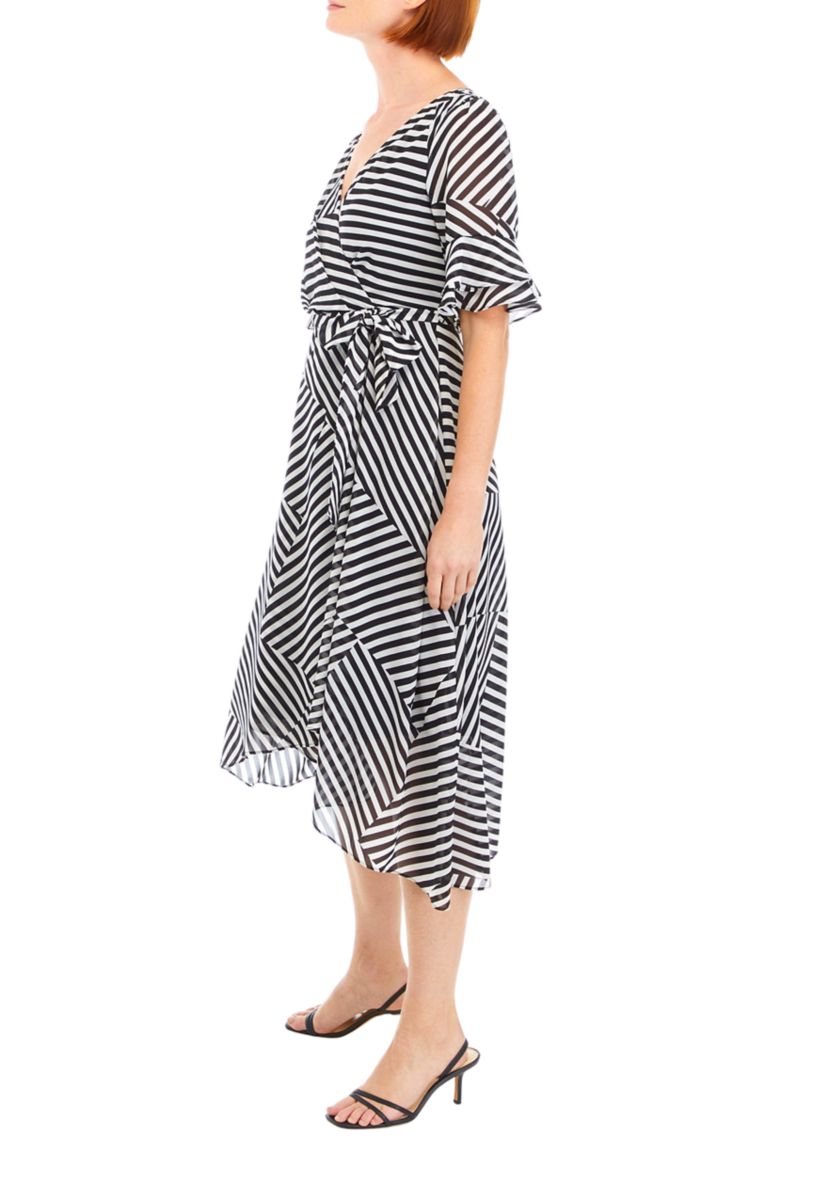 Womens Bell Sleeve Printed Tie Waist Fit and Flare Dress