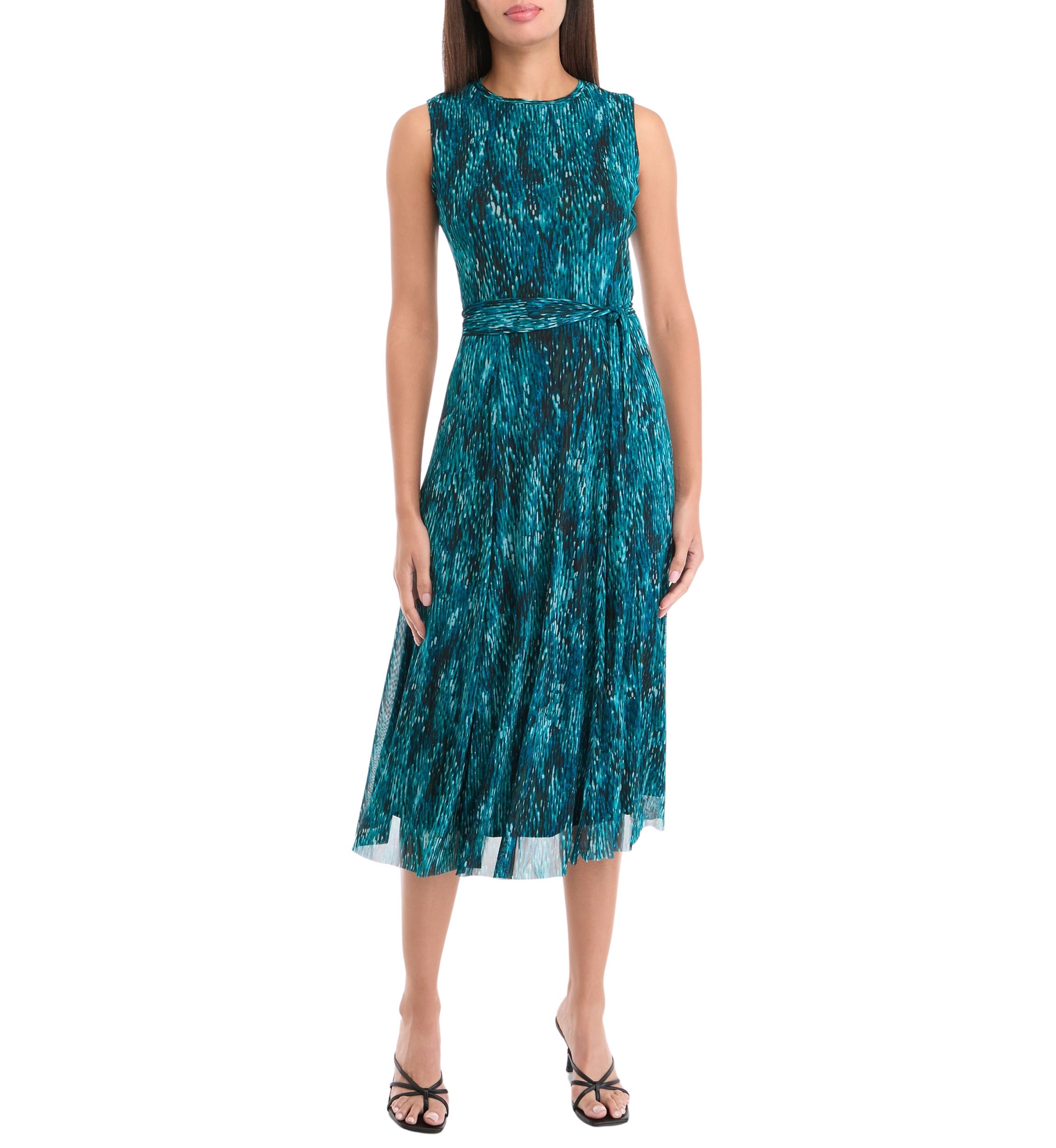 Womens Sleeveless Printed Tie Waist Fit and Flare Dress