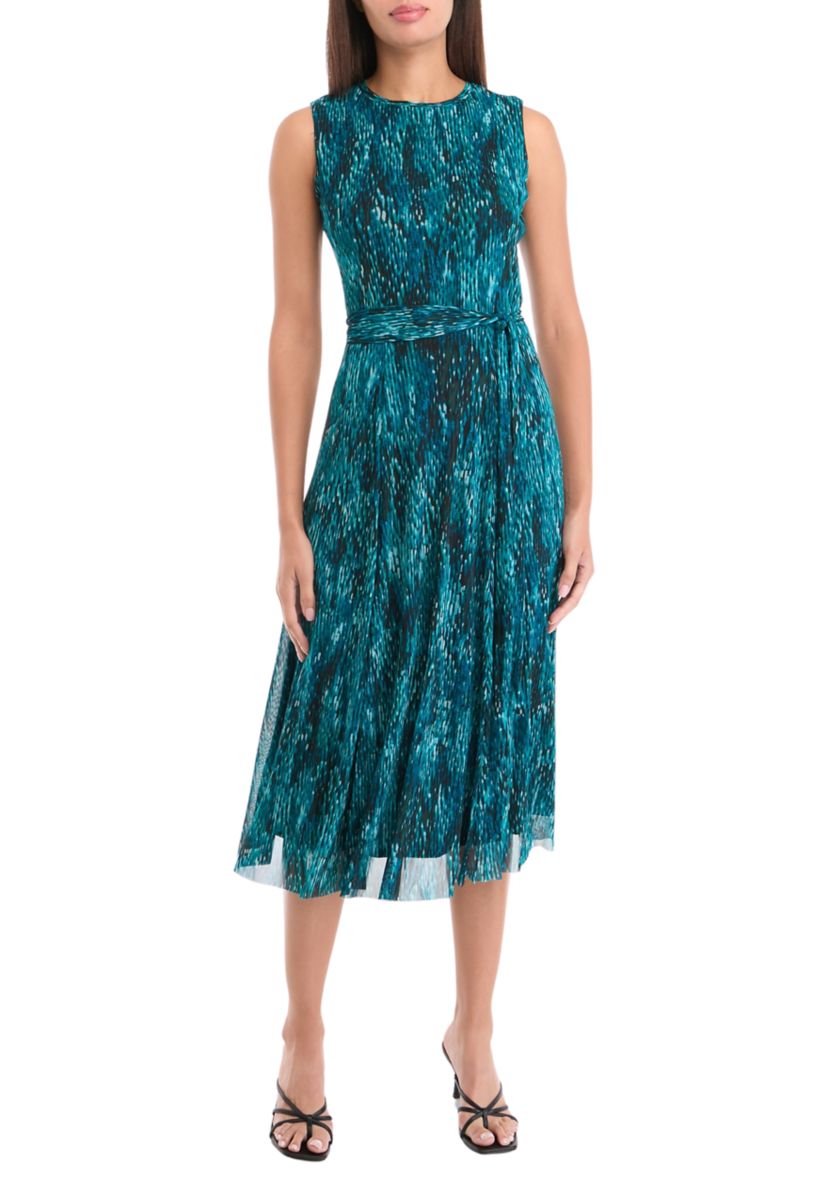 Womens Sleeveless Printed Tie Waist Fit and Flare Dress