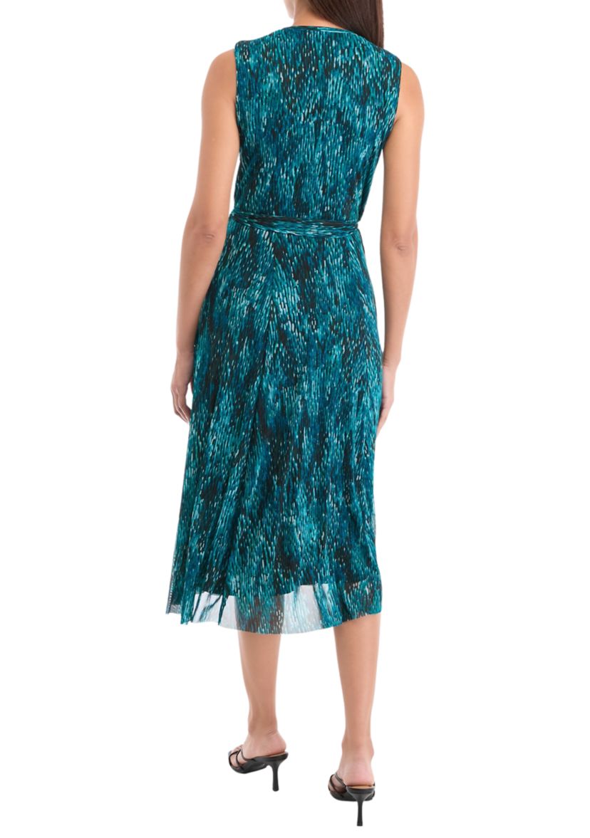Womens Sleeveless Printed Tie Waist Fit and Flare Dress