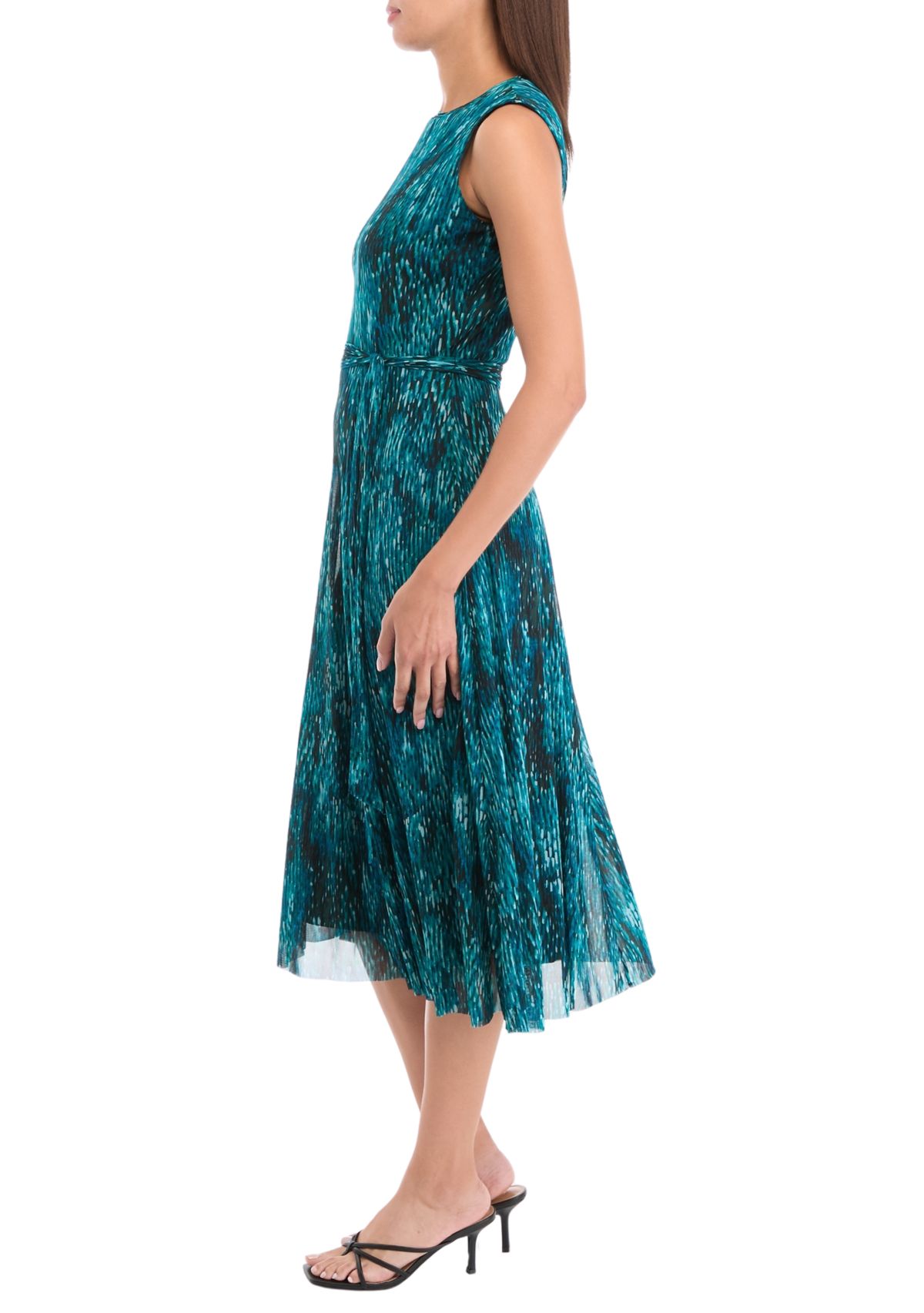 Womens Sleeveless Printed Tie Waist Fit and Flare Dress