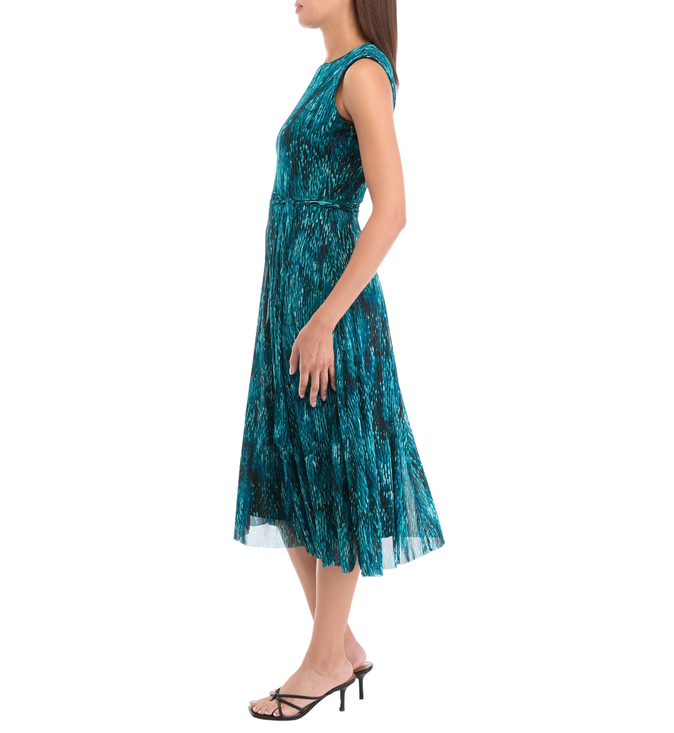 Womens Sleeveless Printed Tie Waist Fit and Flare Dress