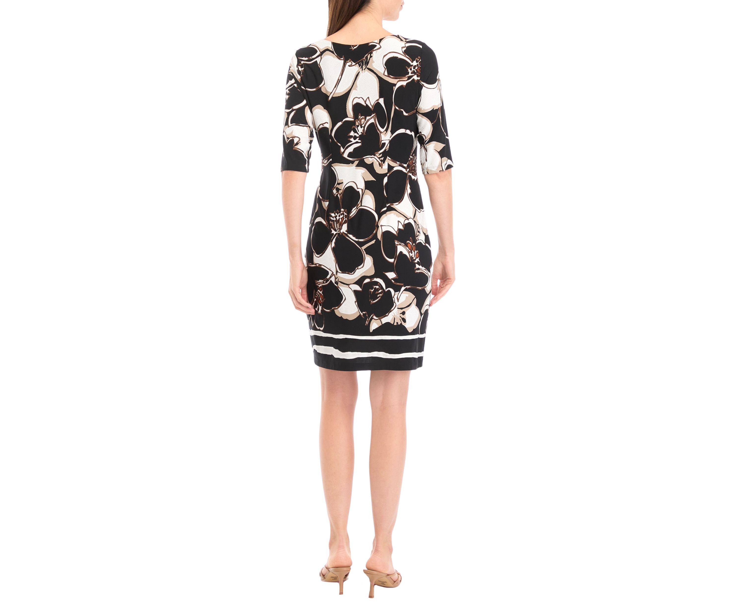 Womens Short Sleeve Asymmetric Neck Floral Slit Sheath Dress