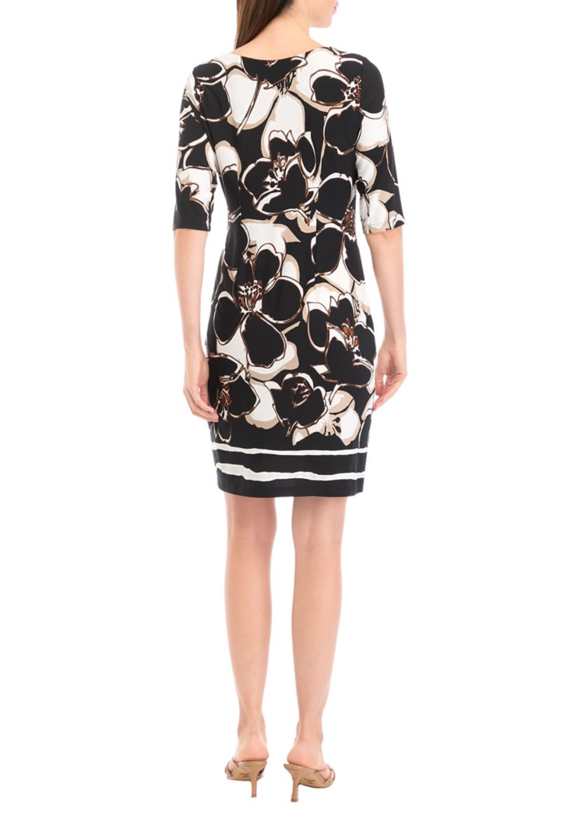 Womens Short Sleeve Asymmetric Neck Floral Slit Sheath Dress