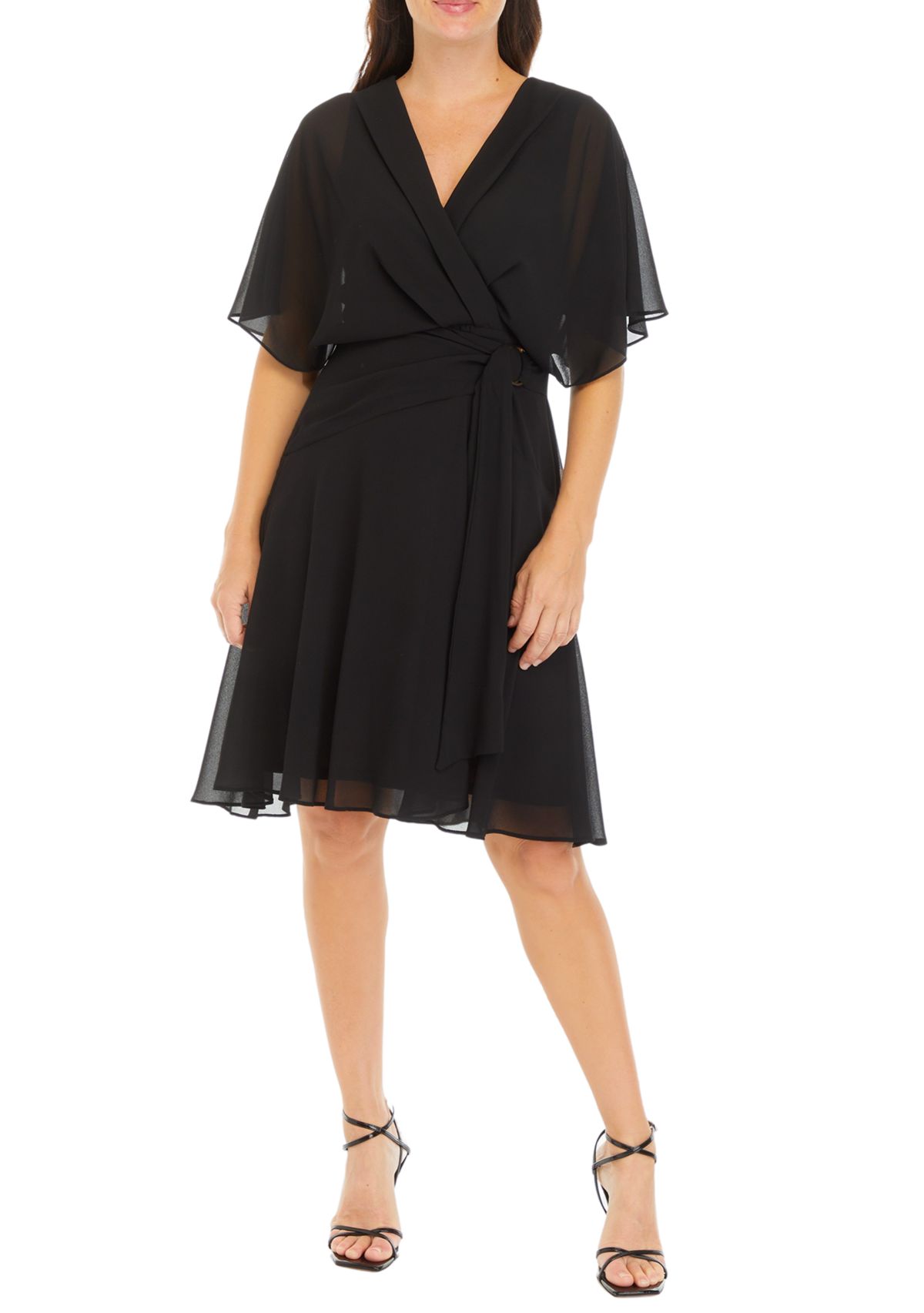 Womens Drape Neck Side Tie Fit and Flare Dress