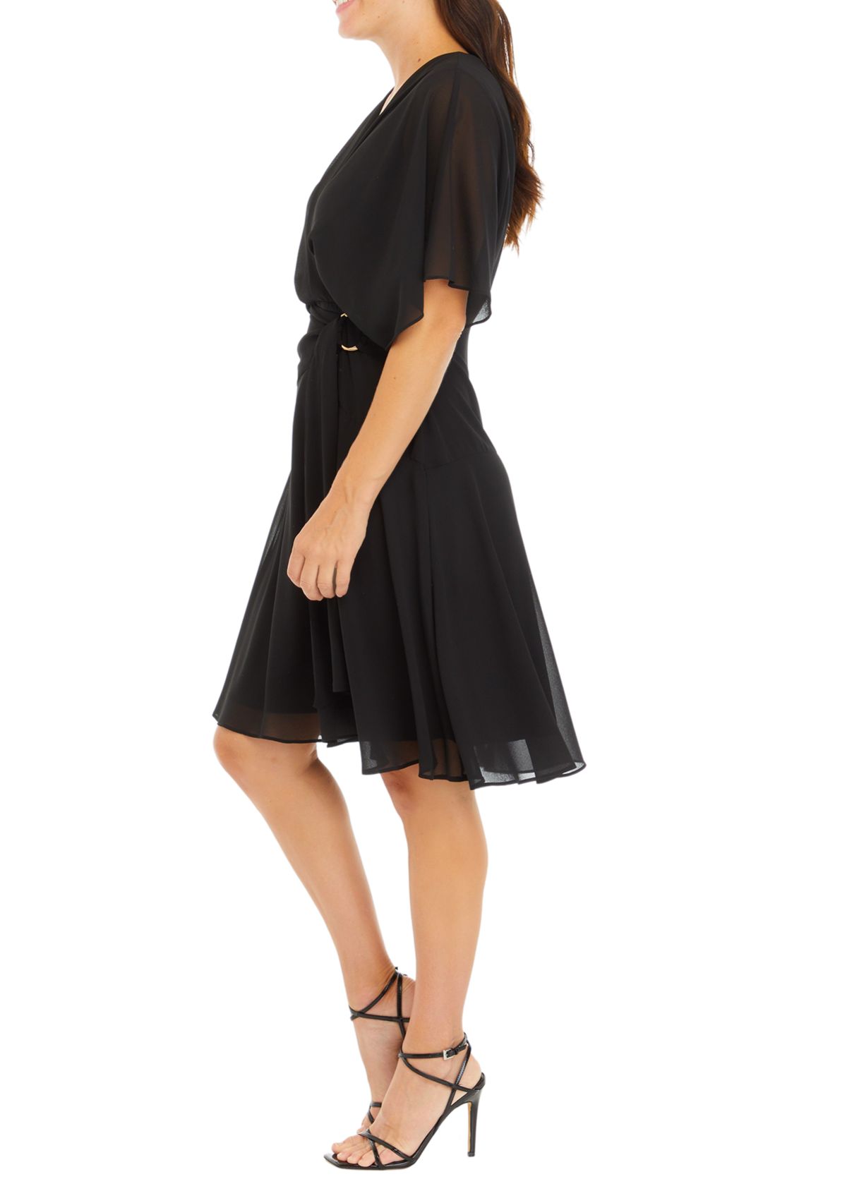 Womens Drape Neck Side Tie Fit and Flare Dress