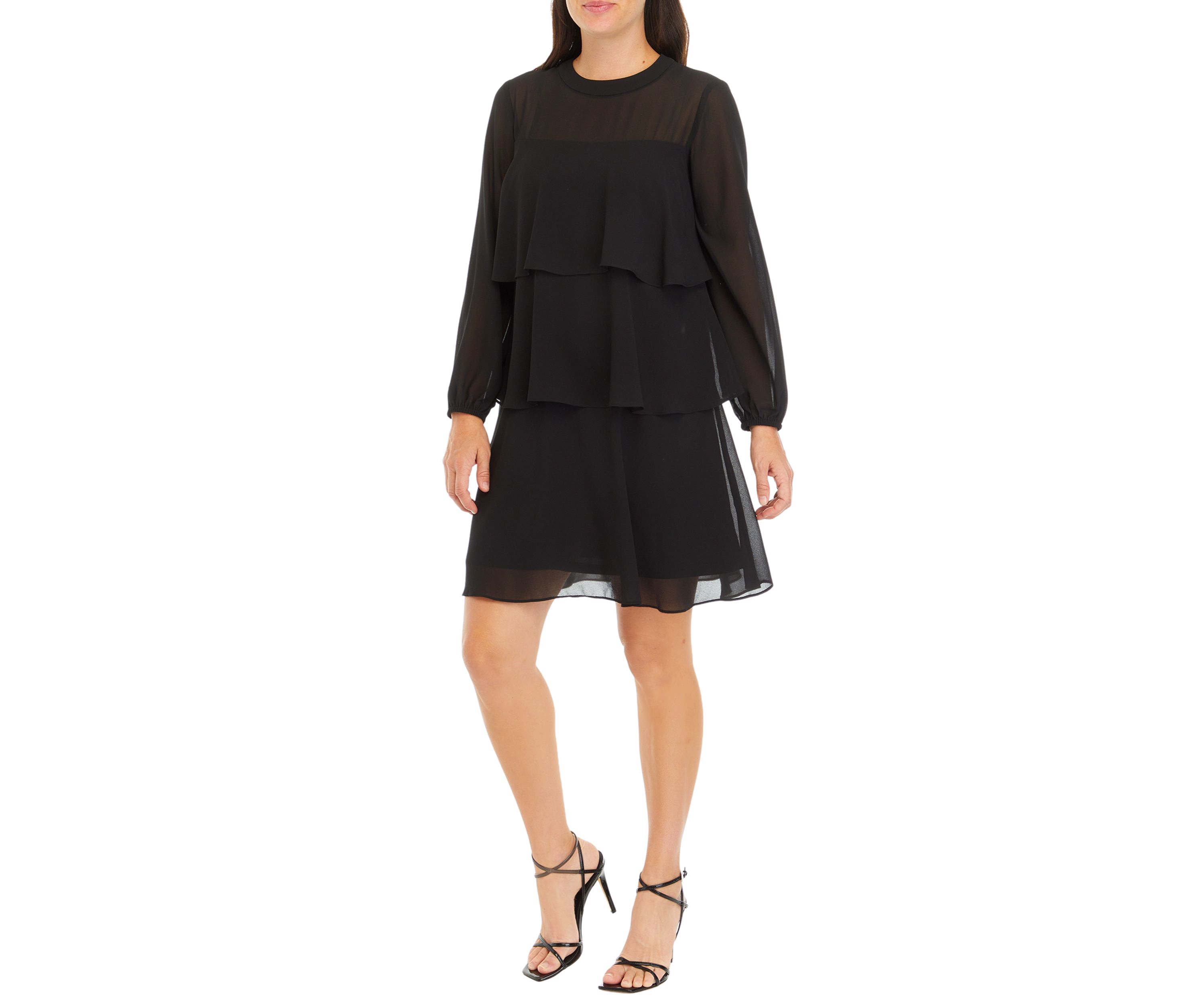 Womens Mesh Long Sleeve Solid Ruffle A-Line Dress