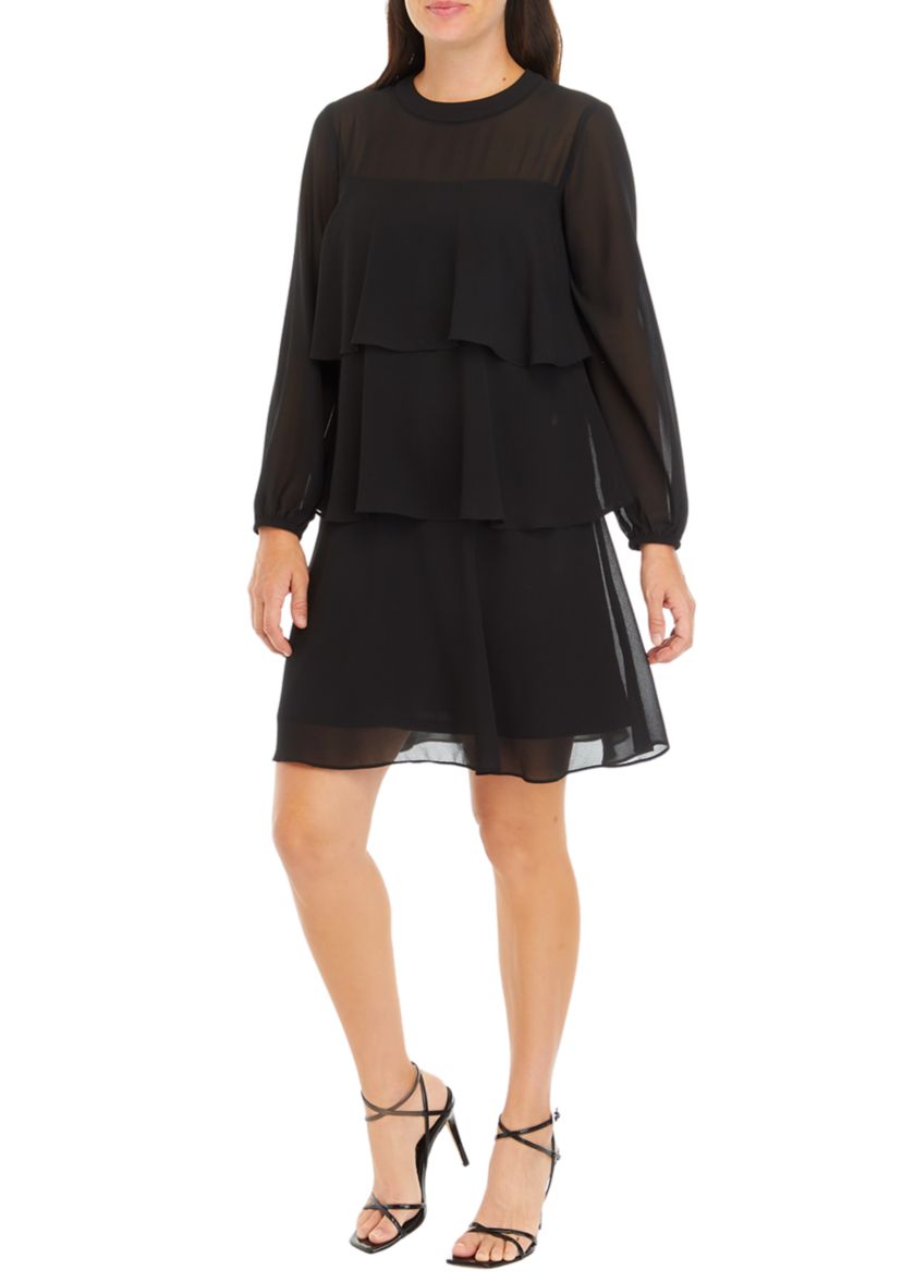 Womens Mesh Long Sleeve Solid Ruffle A-Line Dress