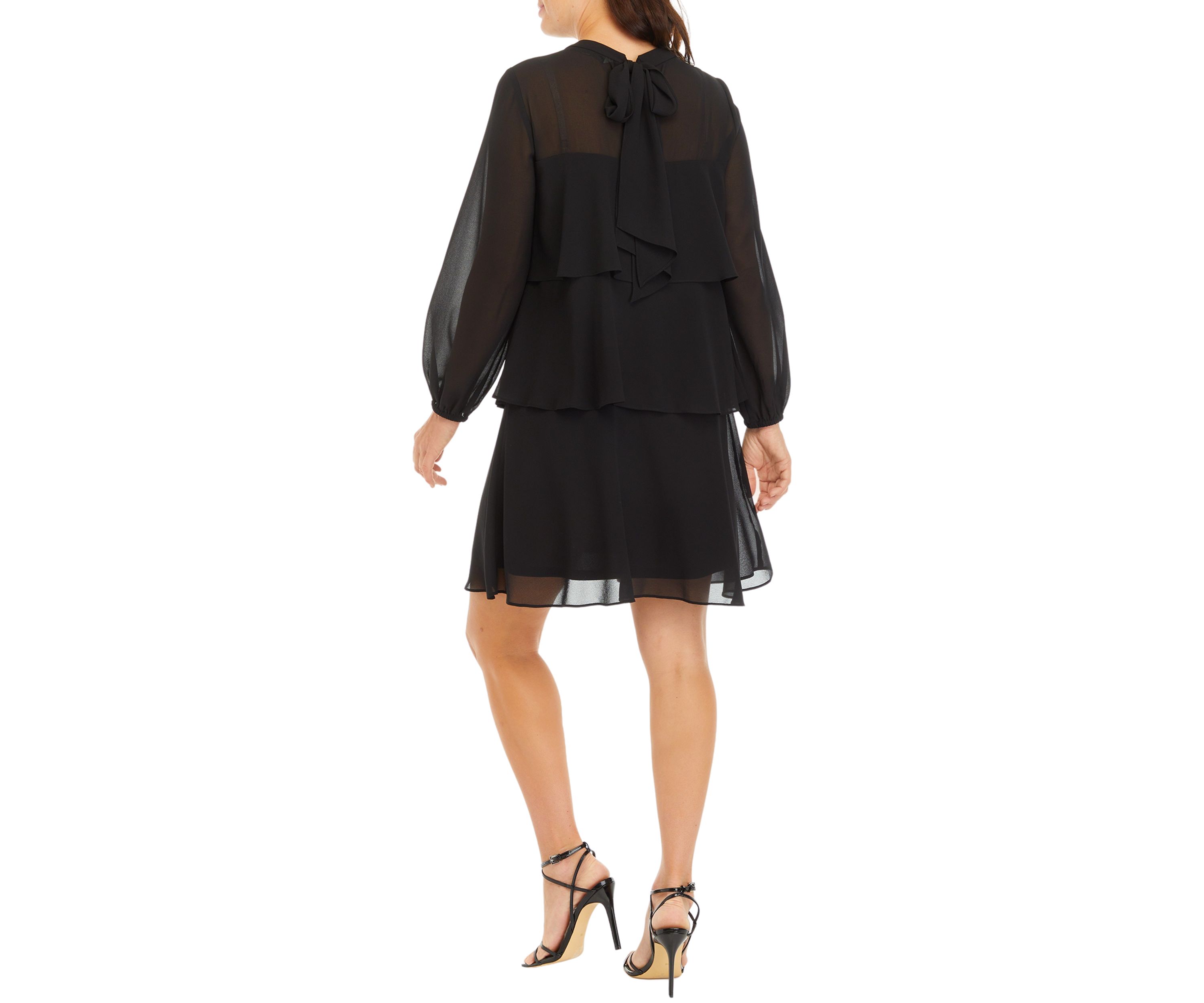 Womens Mesh Long Sleeve Solid Ruffle A-Line Dress
