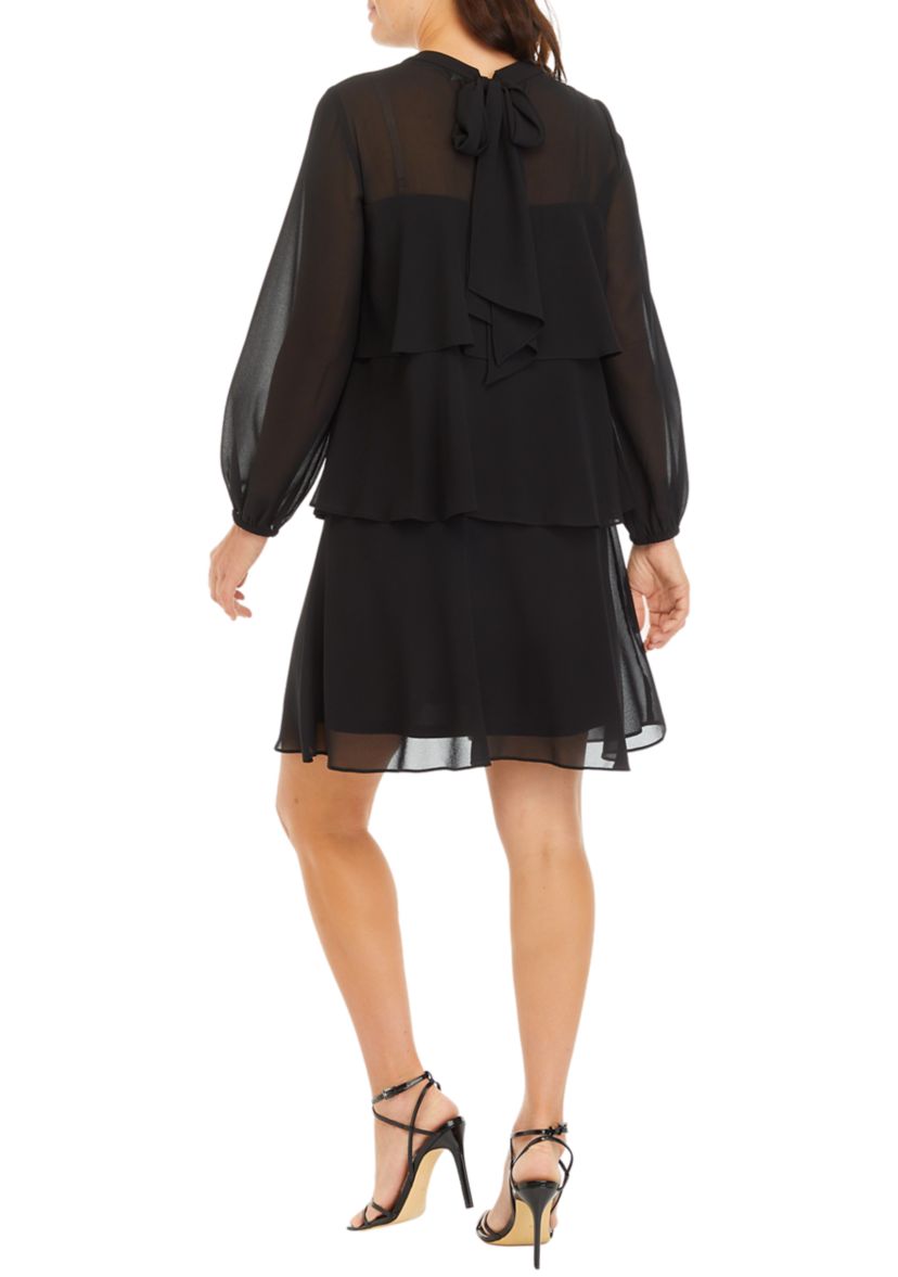 Womens Mesh Long Sleeve Solid Ruffle A-Line Dress