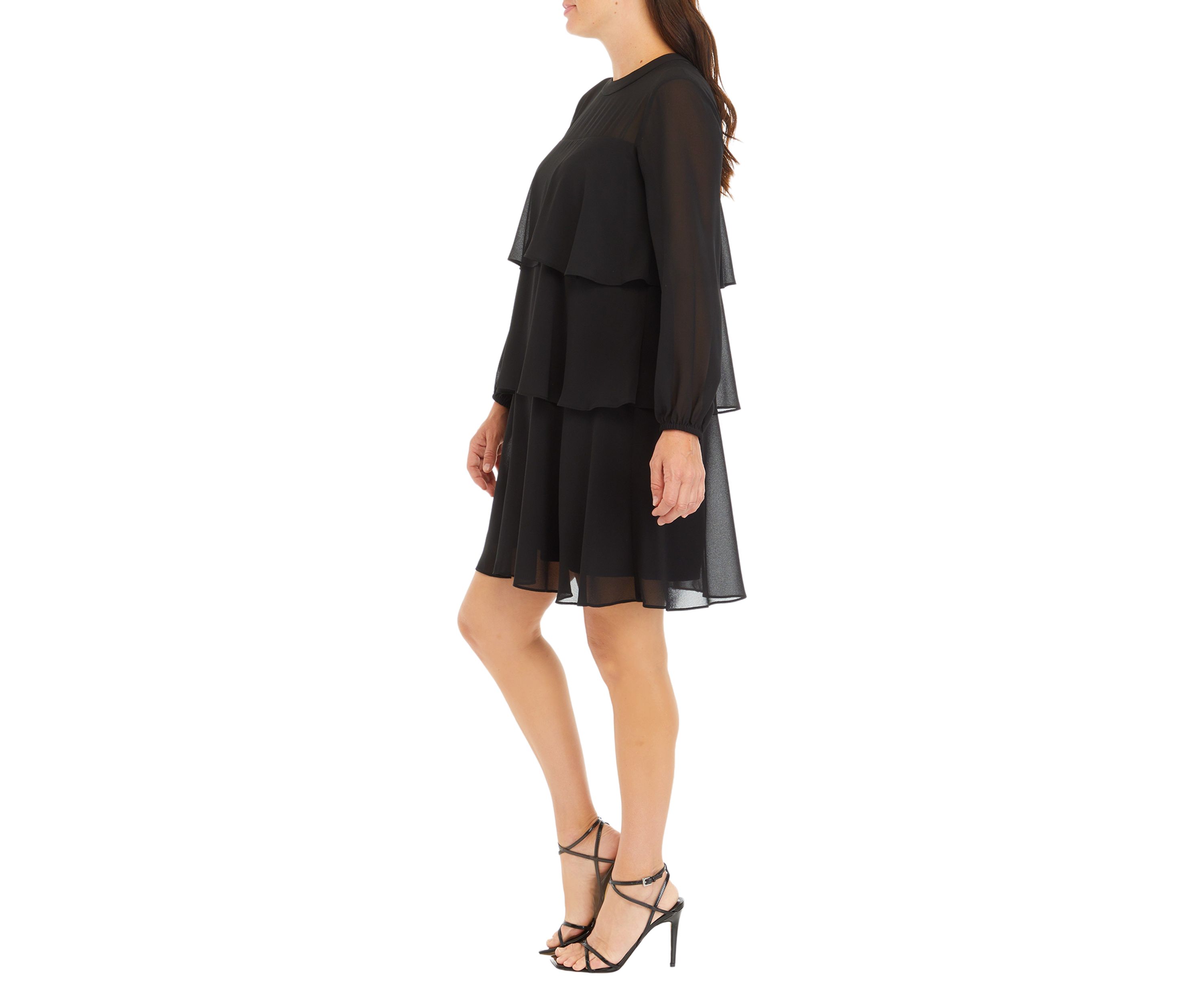 Womens Mesh Long Sleeve Solid Ruffle A-Line Dress