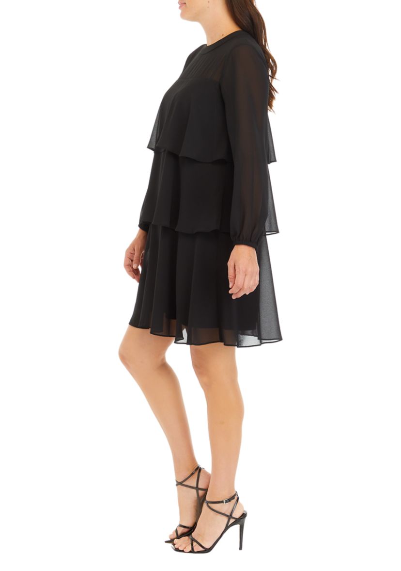 Womens Mesh Long Sleeve Solid Ruffle A-Line Dress