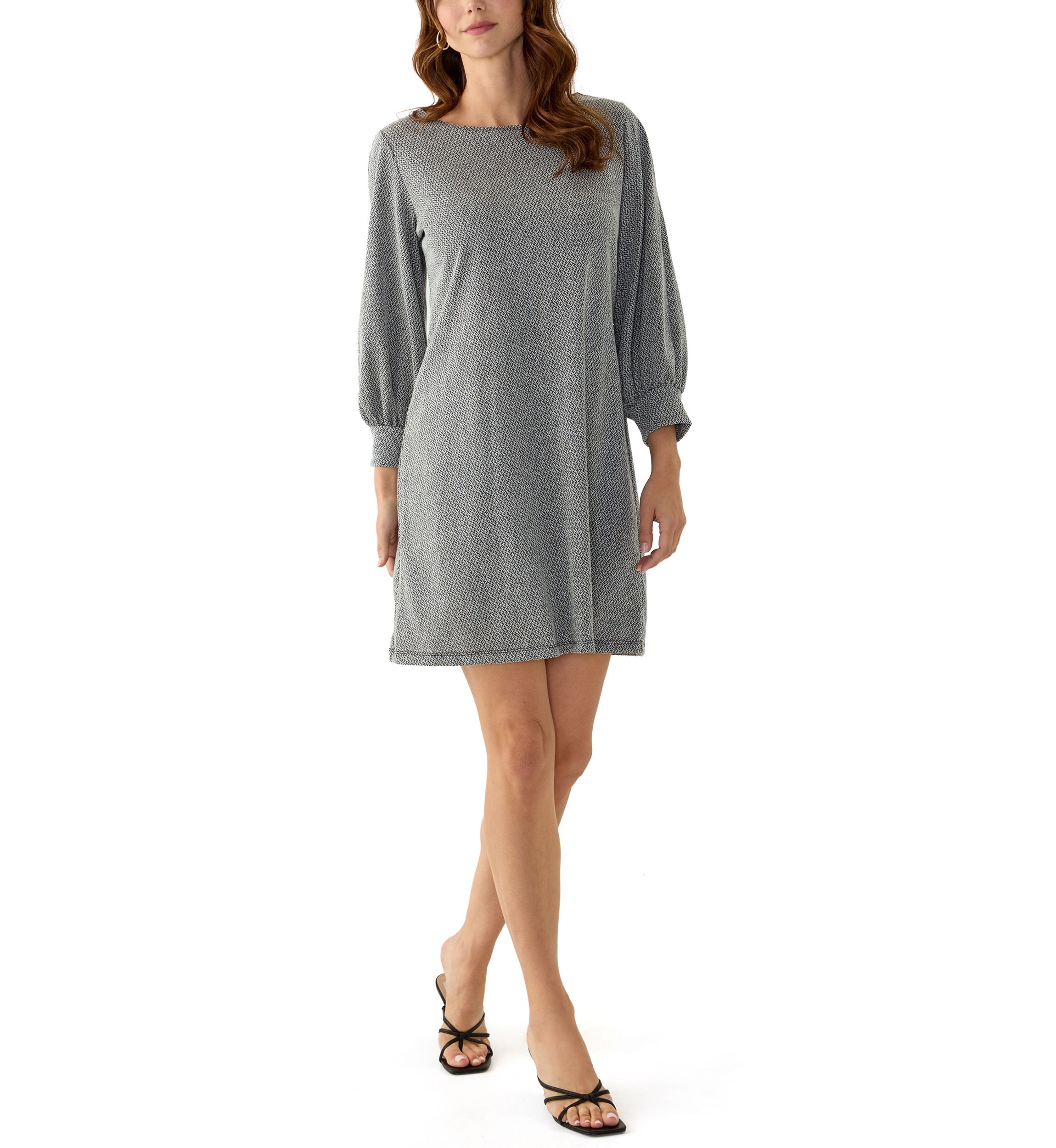 Womens Puff Sleeve Crew Neck A-Line Dress