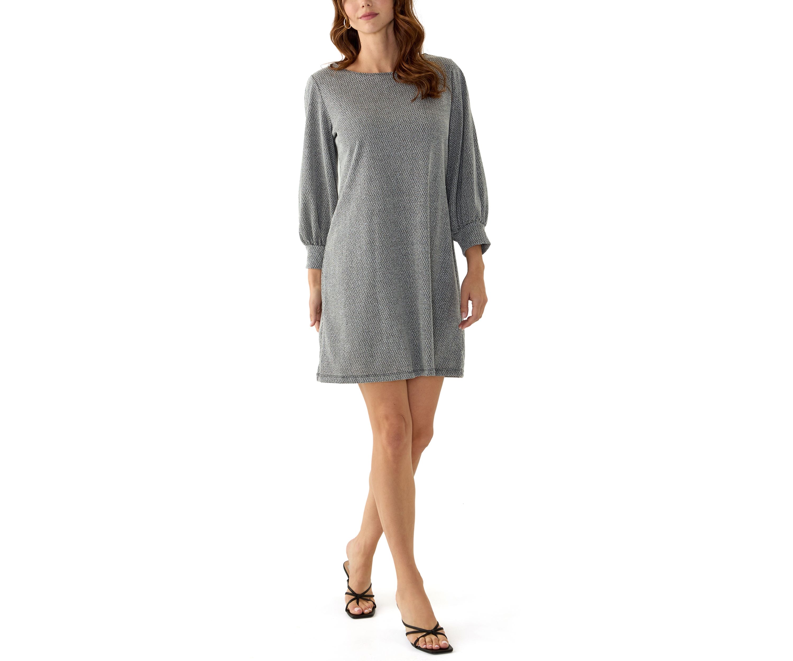 Womens Puff Sleeve Crew Neck A-Line Dress