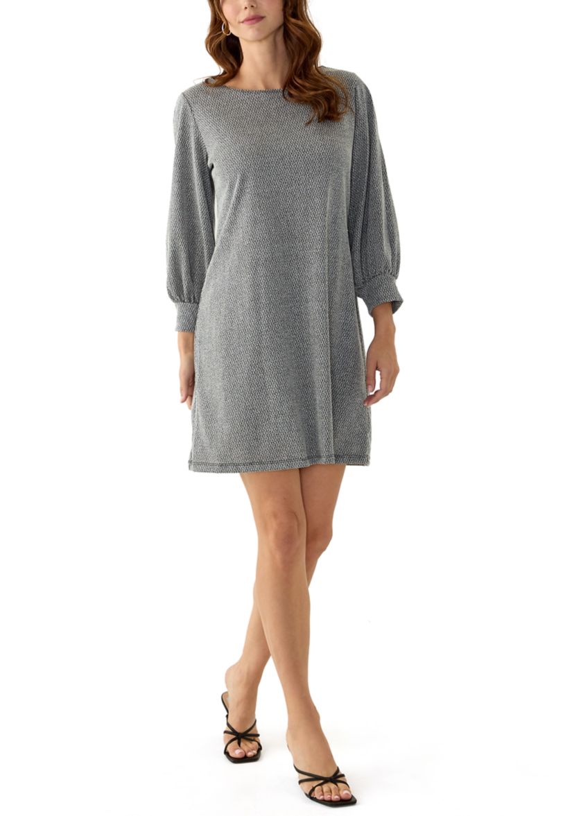 Womens Puff Sleeve Crew Neck A-Line Dress