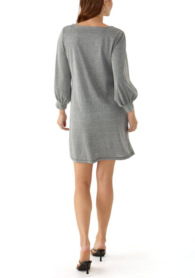Womens Puff Sleeve Crew Neck A-Line Dress