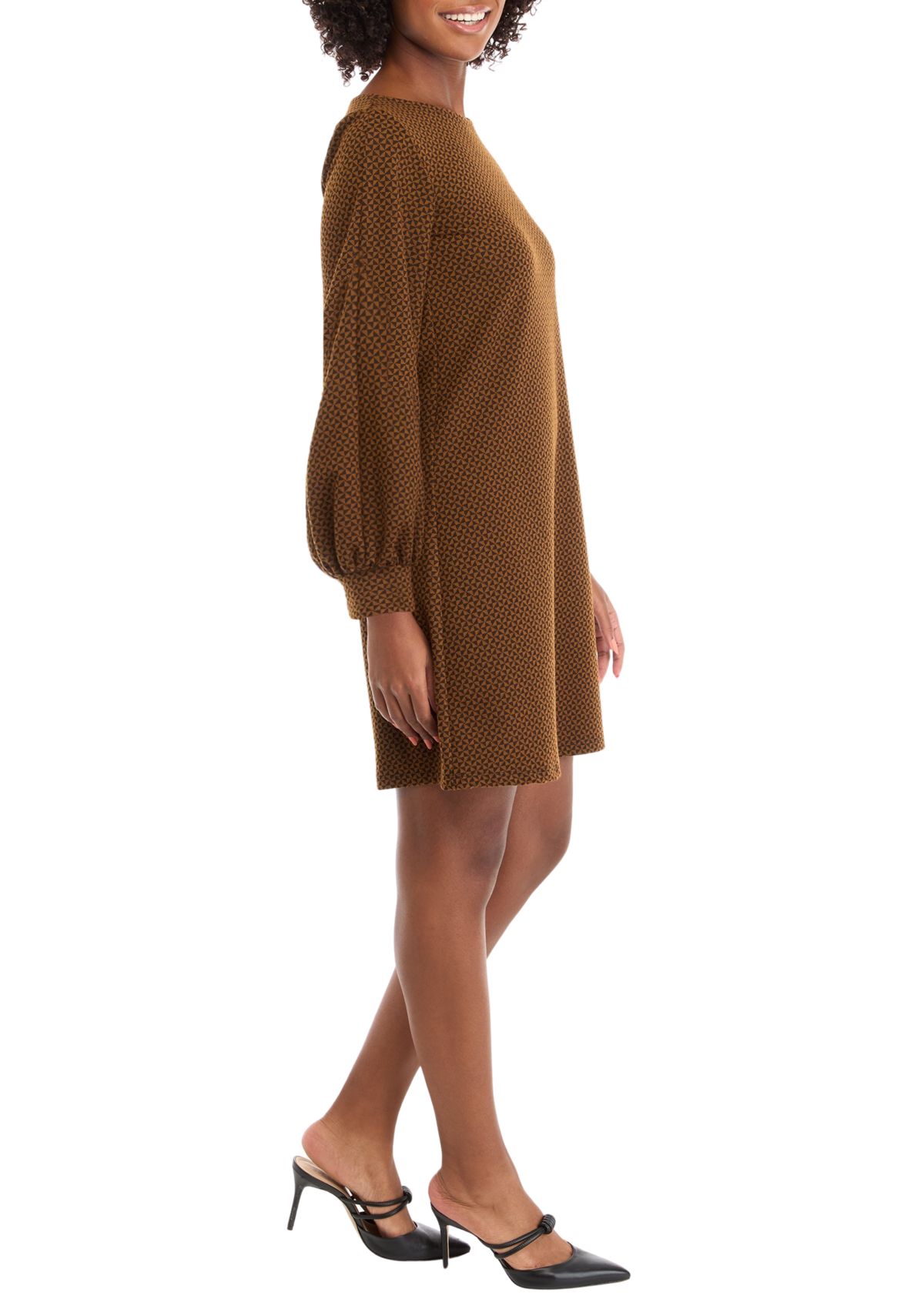 Womens Puff Sleeve Printed A-Line Dress