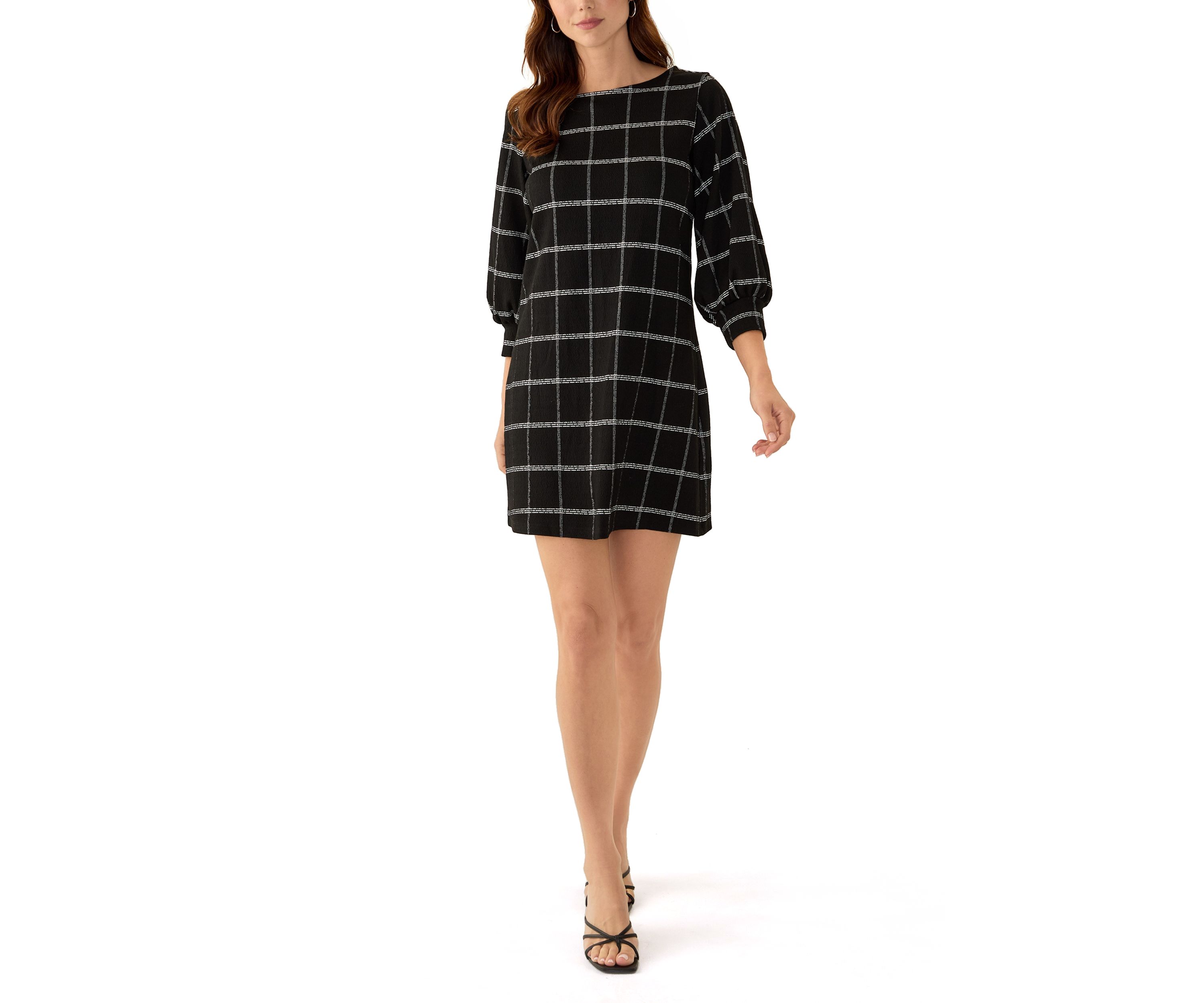 Womens Puff Sleeve Crew Neck Printed A-Line Dress