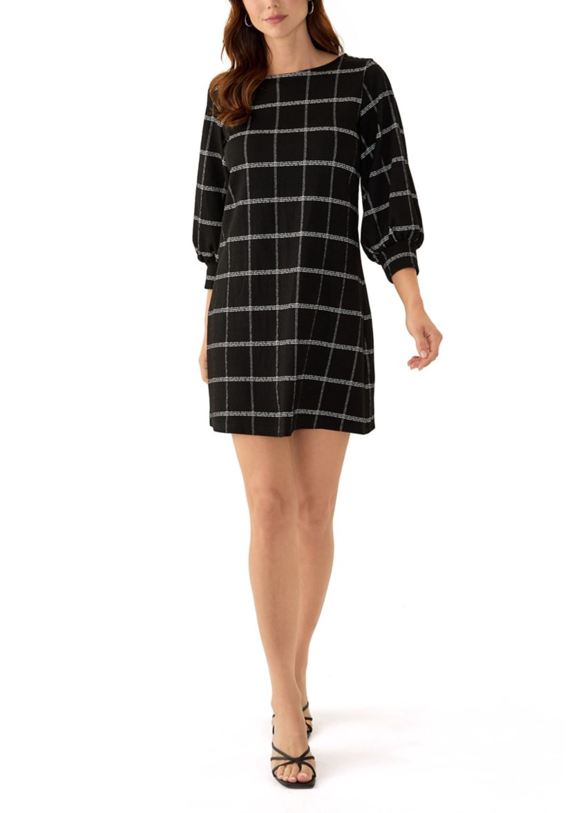 Womens Puff Sleeve Crew Neck Printed A-Line Dress