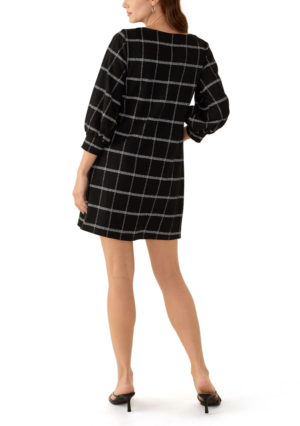 Womens Puff Sleeve Crew Neck Printed A-Line Dress