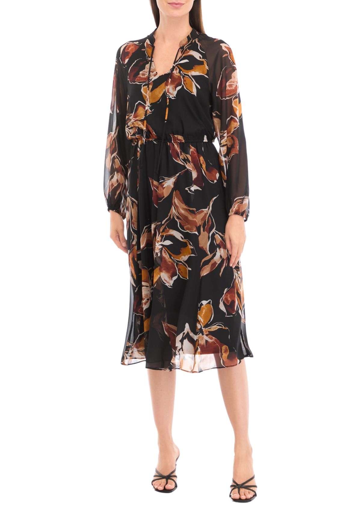 Womens Blouson Sleeve Floral Belted Midi Chiffon Fit and Flare Dress